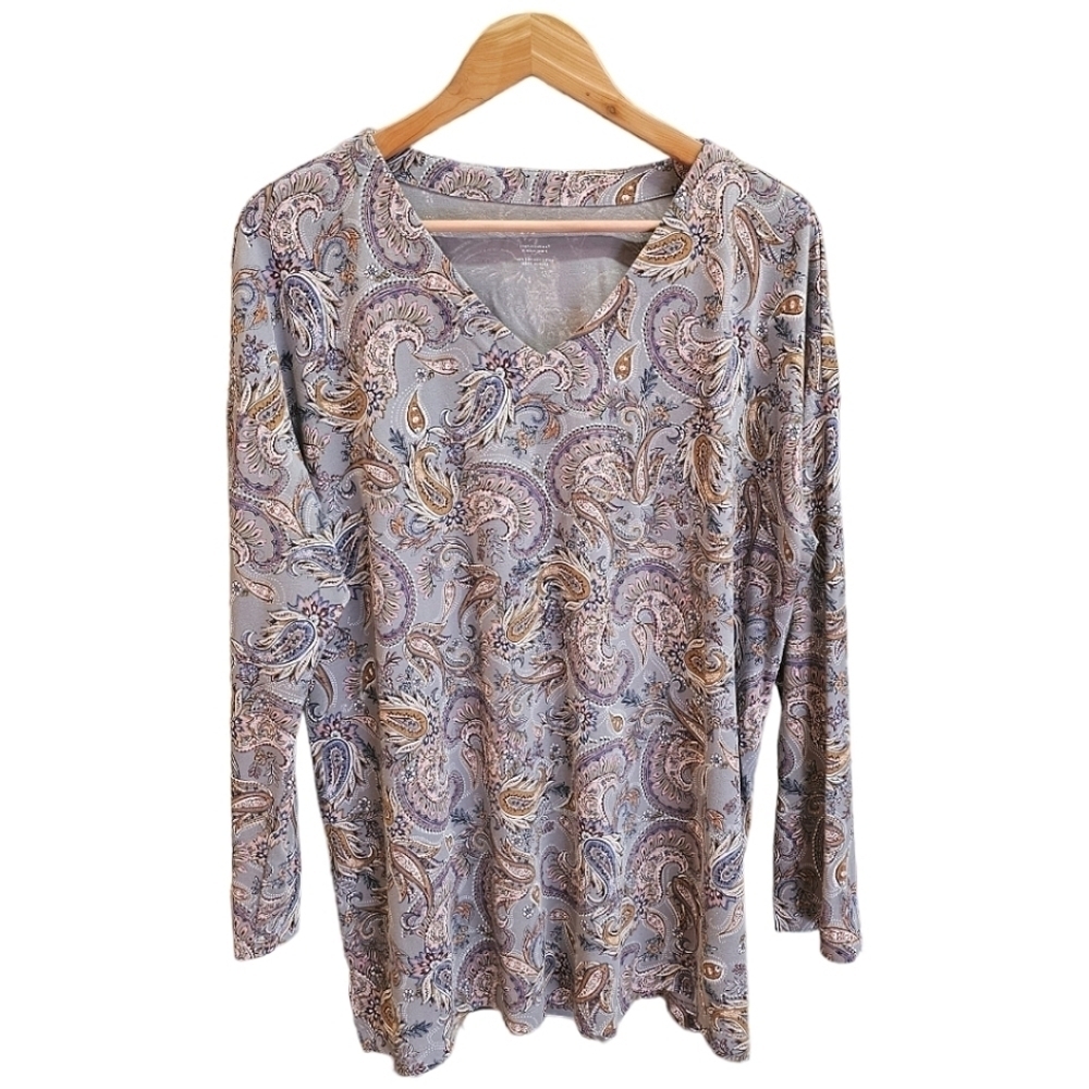 J. Jill Supima Cotton Paisley Print V-Neck Long Sleeve Tunic Top Size Large Soft